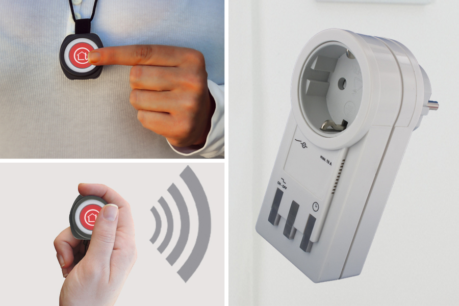 Funk-Rufsystem: Rufknopf incl. Funk-Alarm auf Steckdosen-Empfänger mit Licht+Ton | Pflege-Ruf-Set