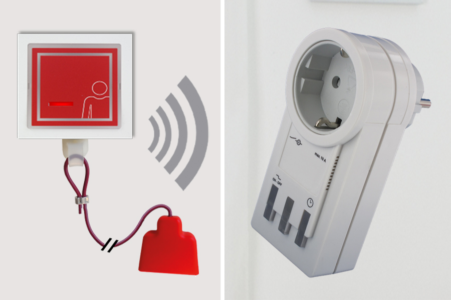 Funk-Rufsystem: Wand-Zugtaster incl. Funk-Alarm auf Steckdosen-Empfänger mit Licht+Ton