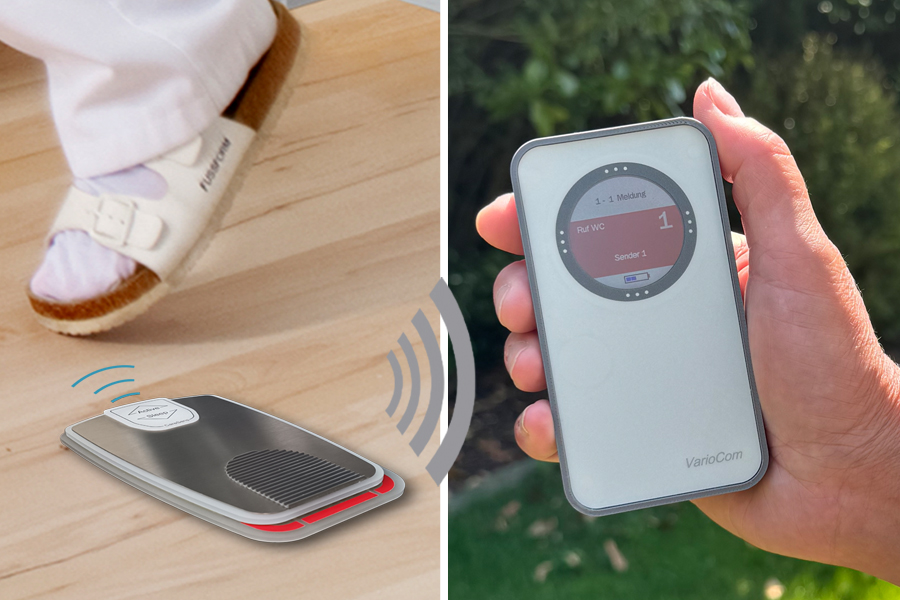Funk-Rufsystem: Bewegungsmelder Care-Sens incl. Funk-Alarmierung auf mobilen Empfänger VarioCom (Display, Vibration + Ton) 