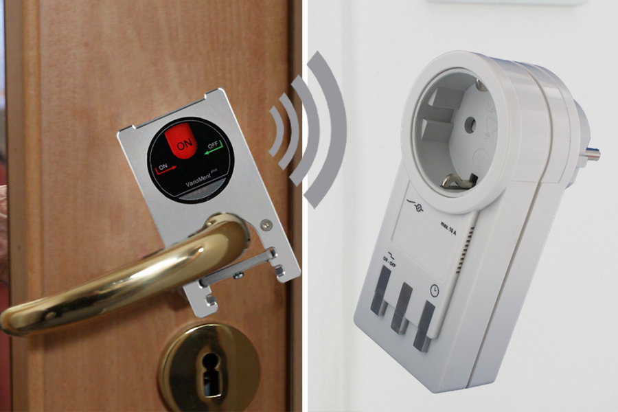 Funk-Rufsystem: Tür-Wächter VarioMentPlus incl. Funk-Alarm auf Steckdosen-Empfänger mit Licht+Ton