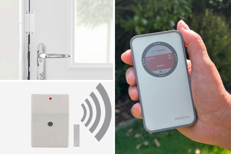 Funk-Rufsystem: Tür-Überwachungs-Set mit Türkontakten incl. Funk-Alarmierung auf mobilen Empfänger VarioCom (Display, Vibration + Ton) Kopie