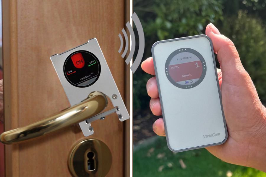Funk-Rufsystem: Tür-Wächter VarioMentPlus incl. Funk-Alarmierung auf mobilen Empfänger VarioCom (Display, Vibration + Ton)