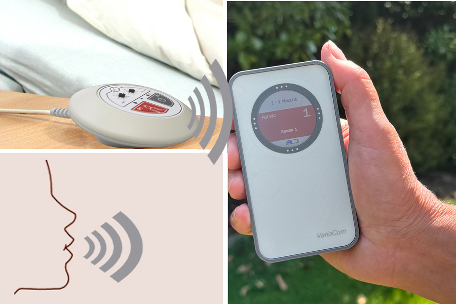 Funk-Rufsystem: Rufmelder VarioFon Plus incl. Funk-Alarmierung auf mobilen Empfänger VarioCom (Display, Vibration + Ton) 