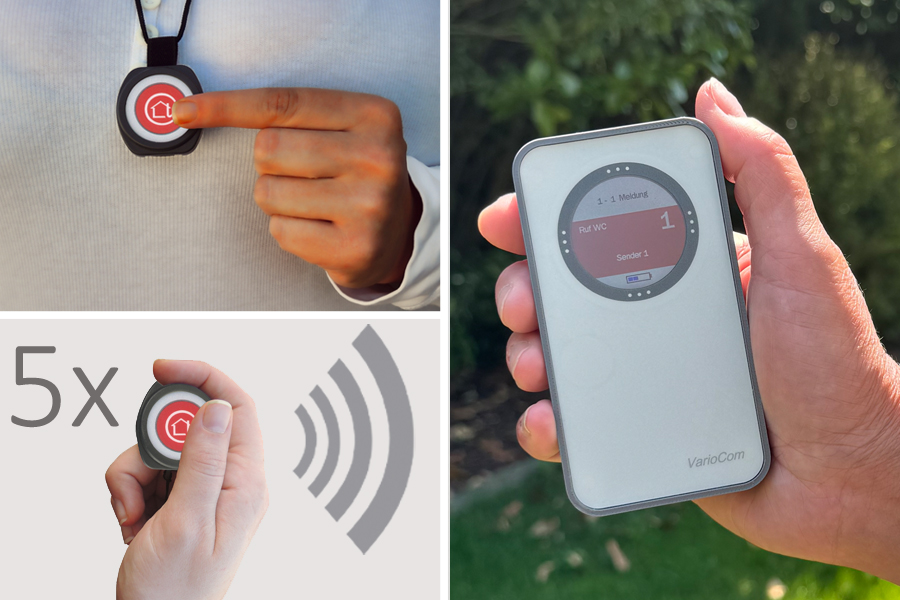 Funk-Rufsystem: 5 Rufknöpfe incl. Funk-Alarmierung auf mobilen Empfänger VarioCom (Display+Ton) | ideal für  Praxen & Tagespflege