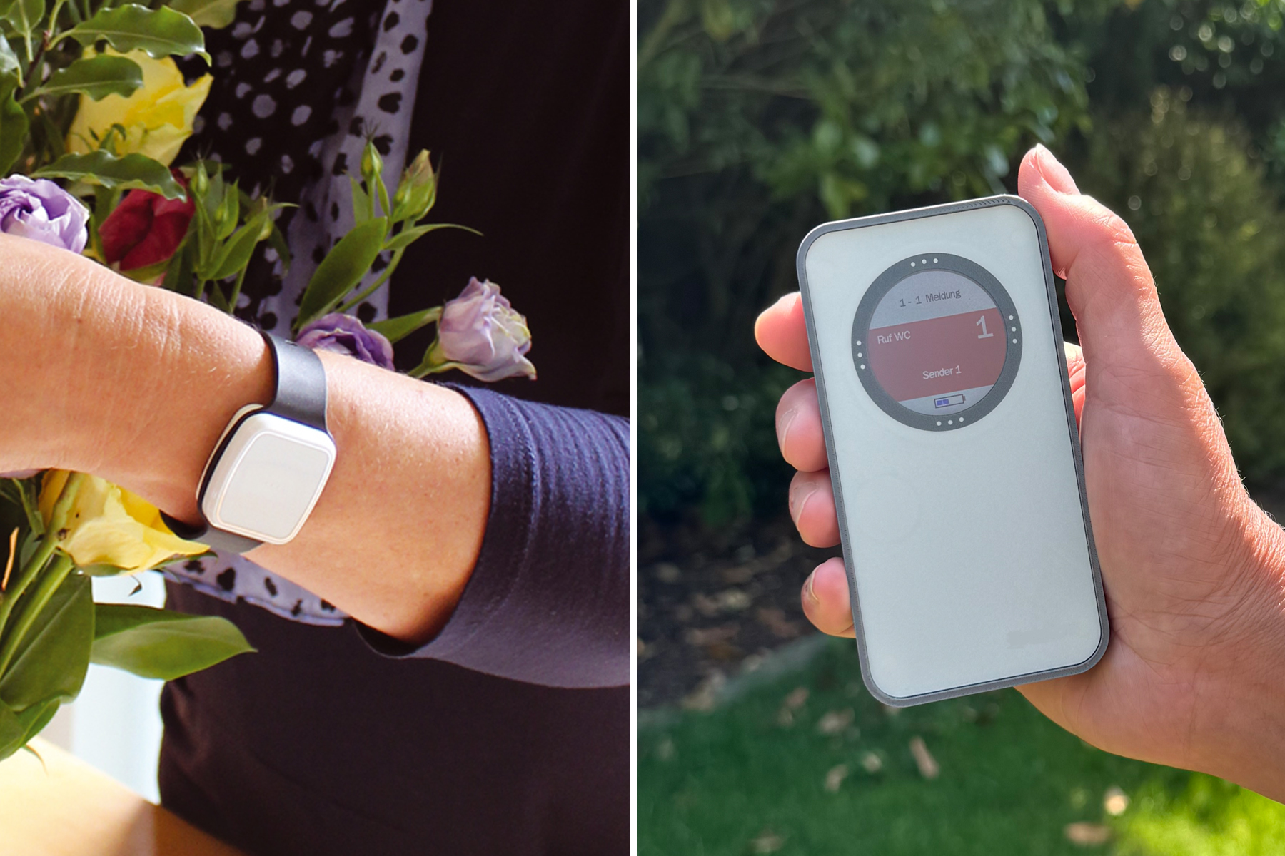 Sturzmeldung mit Fall-Detektor als Armband/Kette, Alarm auf Funk Pager: Tunstall Z00820500 + Vibby | incl. Ladeschale