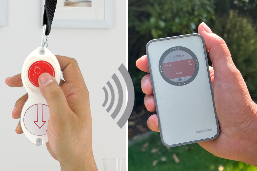 Funk-Rufsystem: Zugtaster/Rufknopf VarioPul incl. Funk-Alarmierung auf mobilen Empfänger VarioCom (Display, Vibration + Ton)