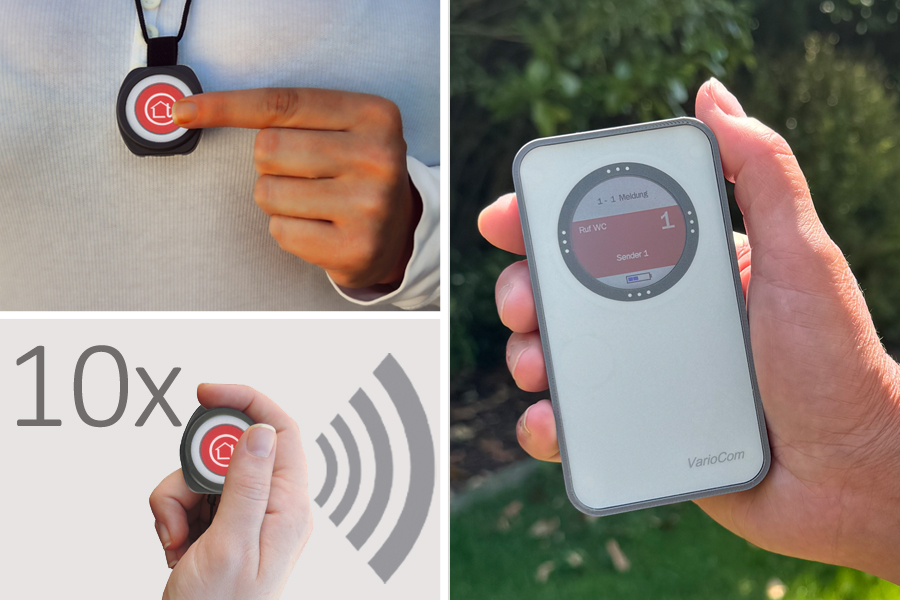Funk-Rufsystem: 10 Rufknöpfe incl. Funk-Alarmierung  auf mobilen Empfänger VarioCom (Display, Vibration+Ton) | ideal für Praxen & Tagespflege
