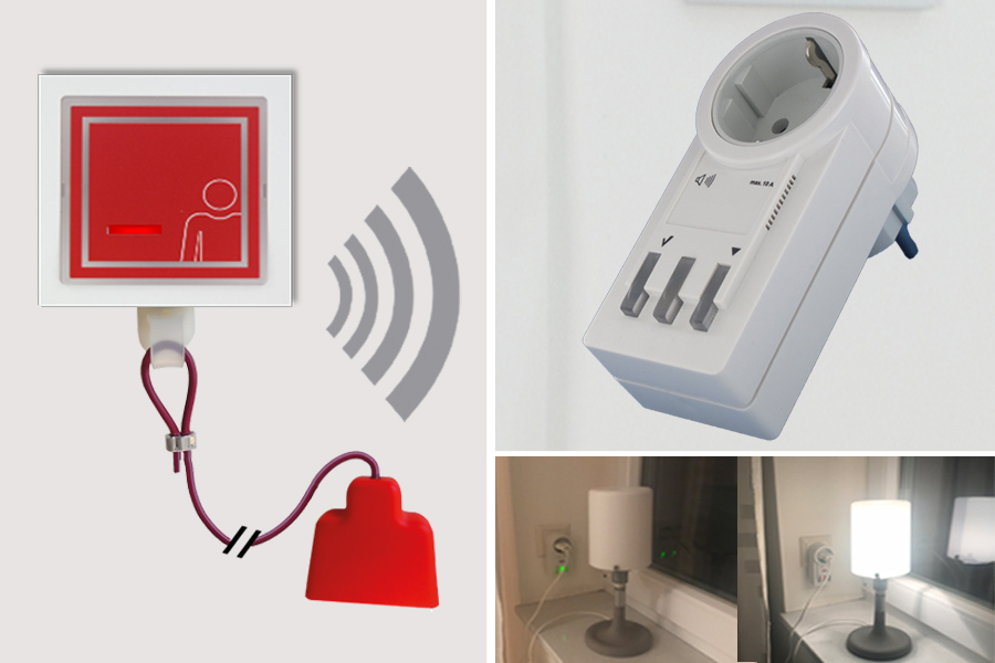 Funk-Rufsystem: Wand-Zugtaster incl. Funk-Alarm auf Funk-Steckdose (schaltet 230V Geräte ein/aus)