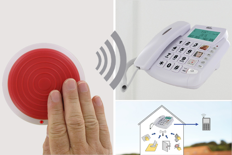 Funk-Rufsystem: Großflächen-Ruftaster HC-105 + Alarmierung durch Notruftelefon (Anruf auf Telefon)