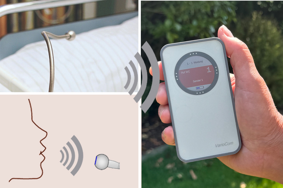 Funk-Rufsystem: Puste-Sensor | Atemsensor incl. Funk-Alarmierung auf mobilen Empfänger VarioCom (Display, Vibration + Ton)