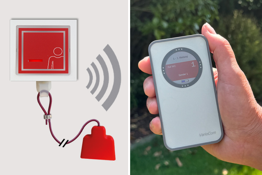 Funk-Rufsystem: Wand-Zugtaster incl. Funk-Alarmierung auf mobilen Empfänger VarioCom (Display, Vibration + Ton)