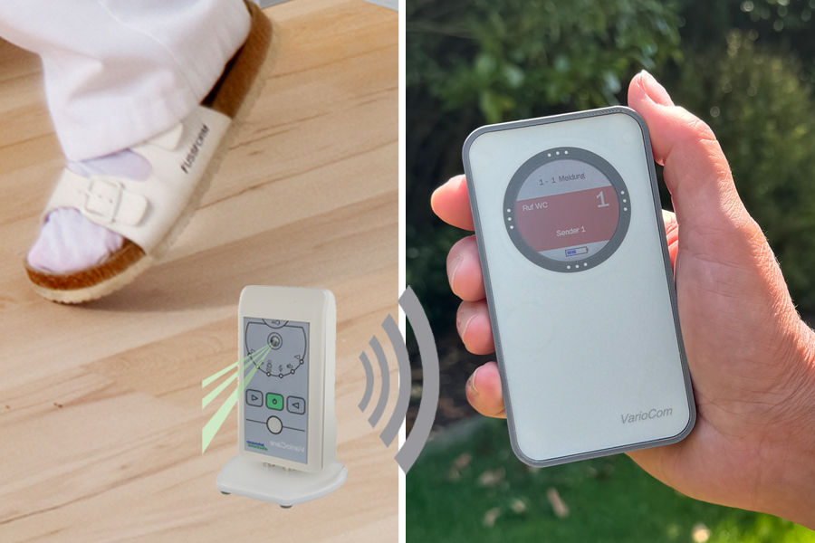 Funk-Rufsystem: Bewegungsmelder Vario-Care incl. Funk-Alarmierung auf mobilen Empfänger VarioCom (Display, Vibration + Ton)