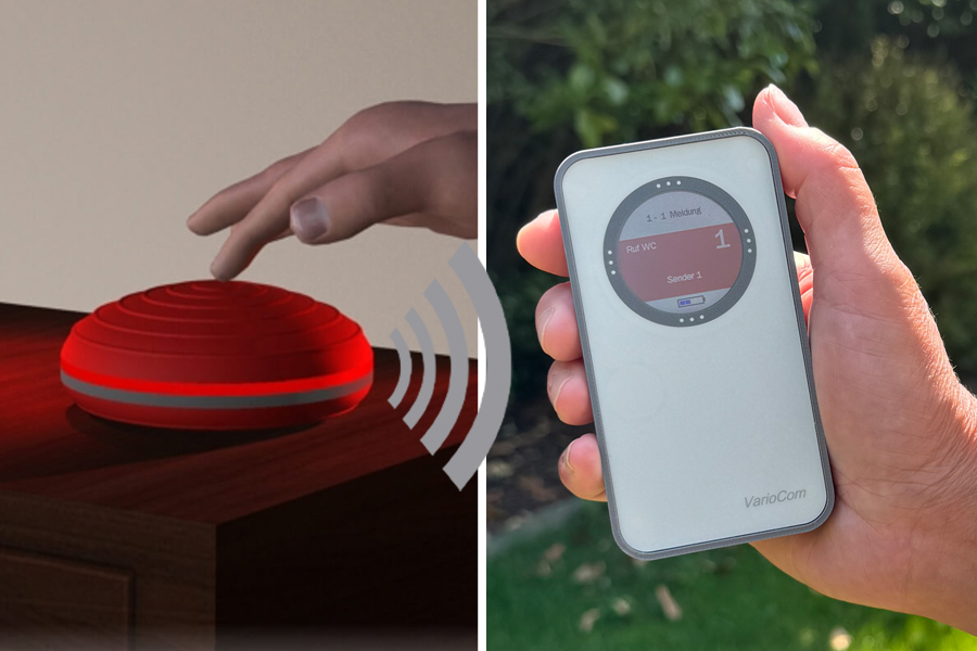 Funk-Rufsystem: Großflächen-Ruftaster incl. Funk-Alarmierung auf mobilen Empfänger VarioCom (Display, Vibration + Ton)