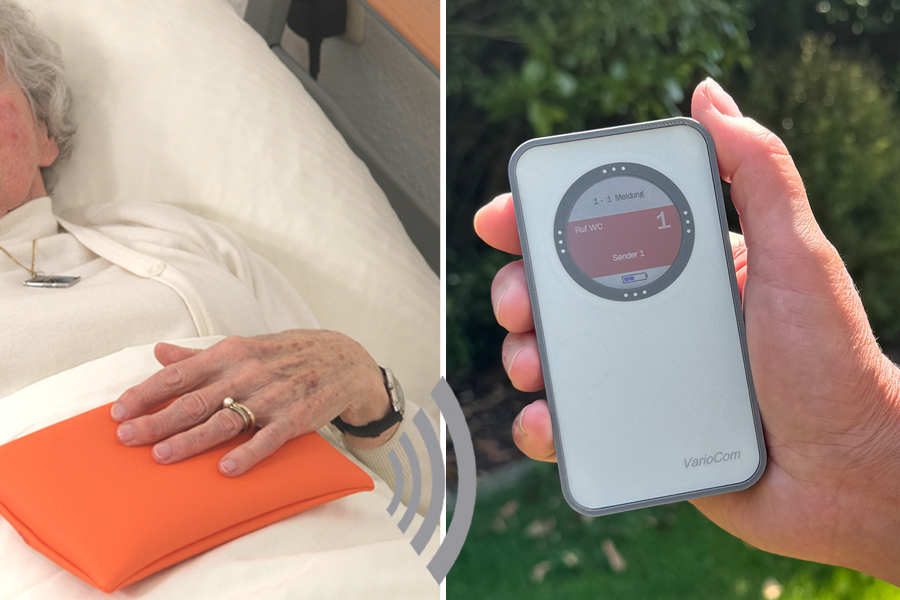 Funk-Rufsystem: Notrufkissen incl. Funk-Alarmierung auf mobilen Empfänger VarioCom (Display, Vibration + Ton) Funk-Rufsystem: Notrufkissen incl. Funk-Alarmierung auf mobilen Empfänger VarioCom (Display, Vibration + Ton)
