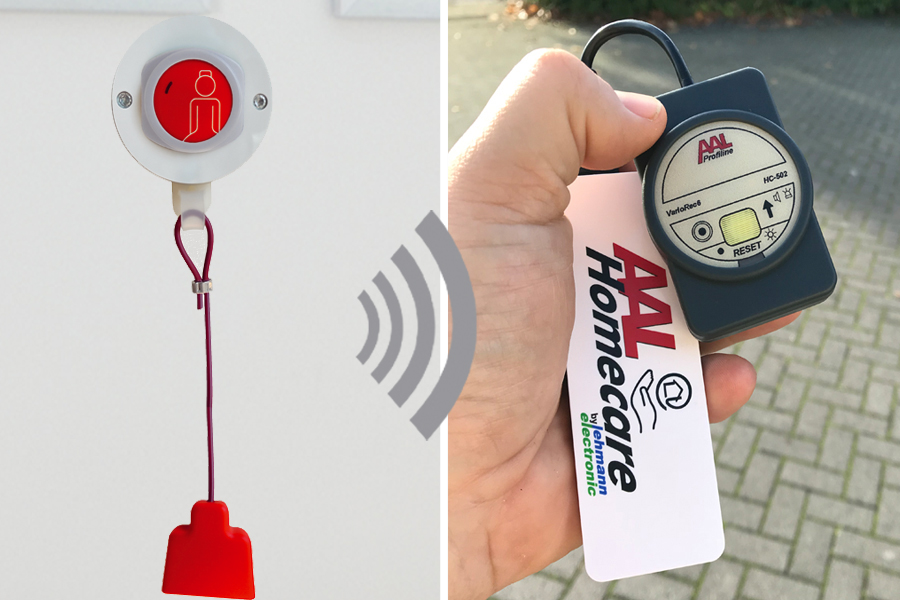 Wand-Zugtaster HC-150 incl. Funk-Alarmierung auf mobilem Empfänger mit Licht+Ton HC-502